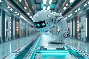 Fototapete - Futuristic robotic arm with interactive display in advanced technology facility indoors