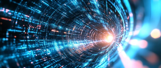 Wall Mural - spinning blue and pink light in a digital tunnel full of data cables and fiber optics creating a vib