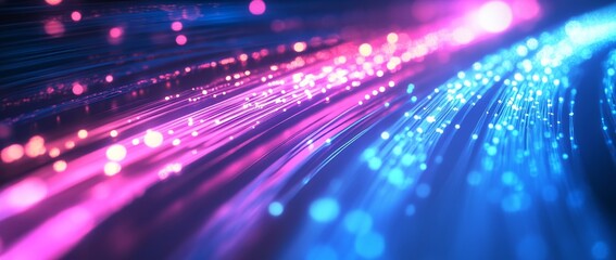 Wall Mural - spinning blue and pink light in a digital tunnel full of data cables and fiber optics creating a vib
