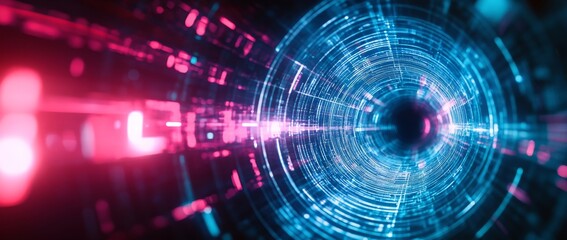 Wall Mural - spinning blue and pink light in a digital tunnel full of data cables and fiber optics creating a vib
