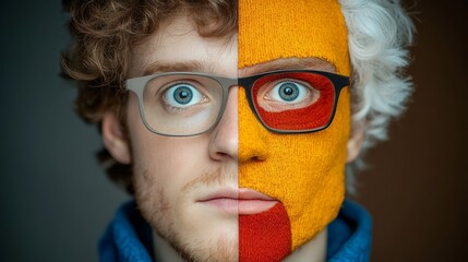 Wall Mural - man's face is split into two, one side wearing glasses and the other side wearing a red and yellow s