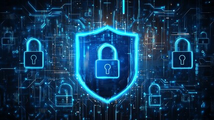 Poster - Futuristic illustration of encryption symbols and digital locks securing data, with a blue cyber shield guarding against the dark web and symbolizing technology and online safety