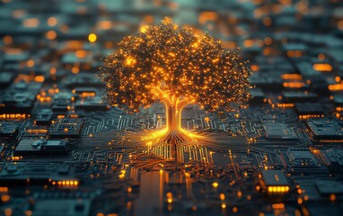 Aufkleber - Illustration of a neon glowing tree growing from a microchip on an electronic circuit board, symbolizing artificial intelligence, futuristic technology, and computing networks
