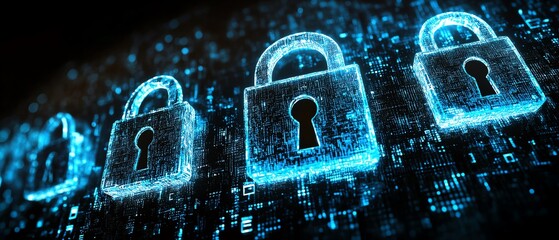 Poster - Illustration of encryption symbols and digital locks securing data, with a blue cyber shield protecting against the dark web, symbolizing technology and online network safety