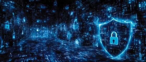 Fototapete - Illustration of encryption symbols and digital locks securing data, with a blue cyber shield protecting against the dark web, symbolizing technology and online network safety