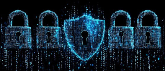 Poster - Illustration of encryption symbols and digital locks securing data, with a blue cyber shield protecting against the dark web, symbolizing technology and online network safety