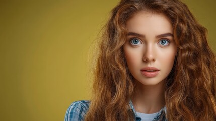 Wall Mural - woman with long brown hair and blue eyes is standing in front of a yellow background. she has a smil