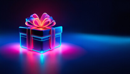 Wall Mural - A luminous gift box, outlined in vibrant neon blue and pink, sits against a dark backdrop, casting a colorful reflection. The bow also glows, creating a festive and modern feel.