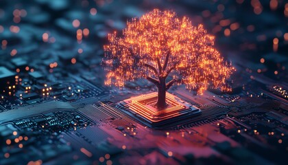 Aufkleber - Creative illustration of a neon tree glowing on a microchip circuit board