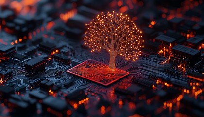 Aufkleber - Creative illustration of a neon tree glowing on a microchip circuit board