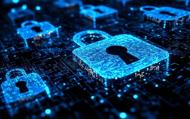 Fototapete - Digital illustration of encryption symbols, padlock, and a blue cyber shield protecting data from the dark web, symbolizing technology, online network safety, and secure systems