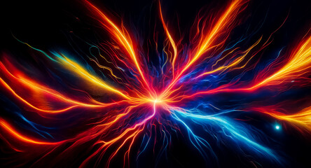 Aufkleber - Vibrant abstract art features colorful energy streams radiating from a central point against a dark backdrop. Fiery red, orange, yellow, blue, and turquoise hues create a sense of dynamic motion and p