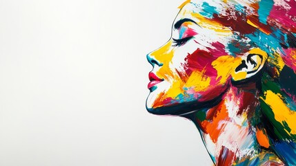 Wall Mural - colorful painting of a woman's face with a white background. the painting is full of bright colors a