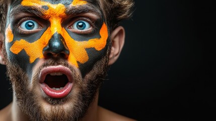 Wall Mural - man with orange and black face paint is looking at the camera with his mouth wide open. the painting