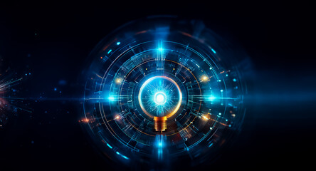 Aufkleber - A bright light bulb glows within concentric blue circles and lines, creating a futuristic and abstract design.  Orange and blue hues illuminate the dark backdrop, suggesting technology and innovative 