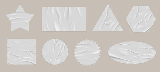 Set of sticker illustrations of various geometric shapes with folds and dampness effect.