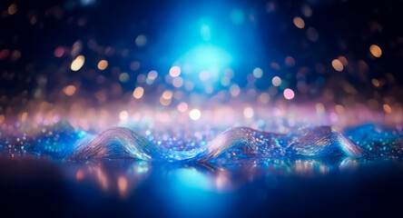 Poster - Abstract image featuring a blurry background of bokeh lights in blue and gold, with a textured and shiny surface in the foreground, reflecting light.