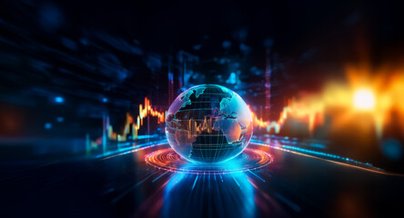 Leinwandbilder - Vibrant digital globe illuminated by glowing lines in blue and orange, representing global technology, connections, and a futuristic world concept.