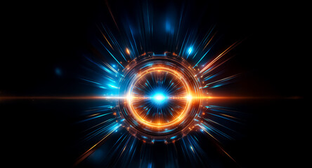 Aufkleber - Circular shape with intense glowing light radiating outwards on a dark backdrop. Vibrant blue and orange beams burst from the center of the abstract form.