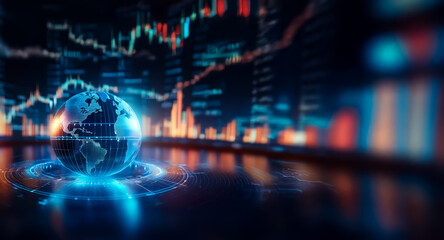 Fototapete - Global network visualization with digital earth and glowing financial data charts in the backdrop, representing worldwide economy and stock market trends.
