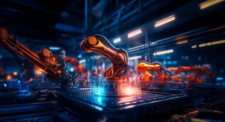 Aufkleber - Automated factory with robotic arms working in a dark, high-tech environment. Neon lights illuminate the metallic structures and machinery.