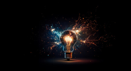 Aufkleber - A bright light bulb illuminates against a dark backdrop, radiating vibrant sparks of blue and orange.