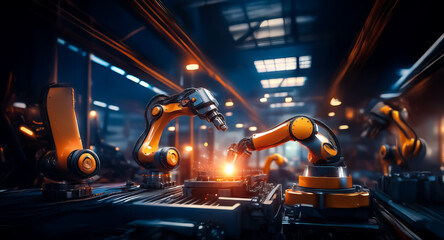 Poster - Automated robotic arms work diligently in a modern industrial factory setting.  Bright orange and black robots precisely assemble products on a conveyor belt under warm lighting in a manufacturing pla