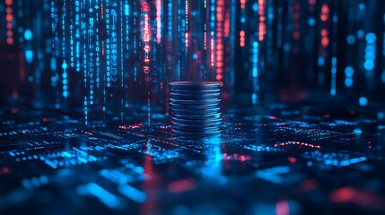 Digital Stack of Coins in Blue Light, A stack of coins illuminated by a blue digital background with glowing lights