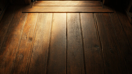 Poster - close up view of rustic wooden floor with warm lighting, showcasing natural grain and texture of wood. scene evokes sense of warmth and nostalgia