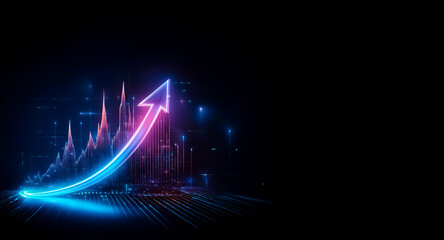 Leinwandbilder - Neon arrow soaring upwards against a dark backdrop, symbolizing growth and progress. Digital lines form a chart-like structure, illuminated in vibrant blue and pink hues.