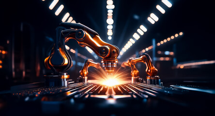 Poster - Metallic robotic arms expertly work in a dark industrial environment, producing bright sparks. A futuristic scene of automated manufacturing with intense lighting.