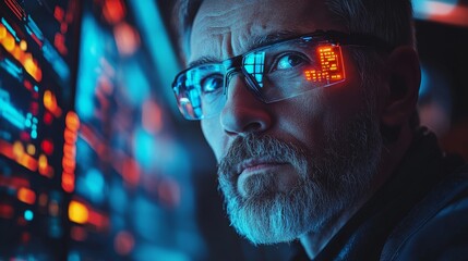 Concentrated Mature Male Programmer Working with Futuristic Holographic Interface