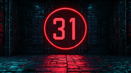 Wall Mural - A vivid neon display shows the number 31 in a dark, industrial setting, creating a striking contrast and an intense atmosphere.