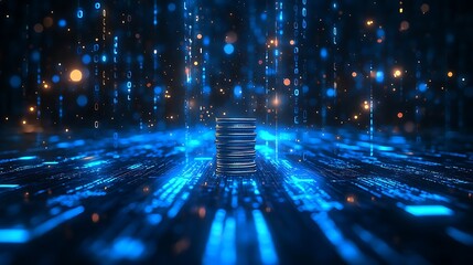 Digital Stack of Coins in Blue Light, A stack of coins illuminated by a blue digital background with glowing lights