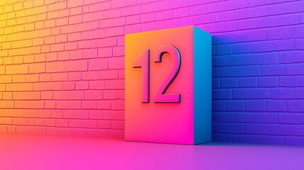 Wall Mural - A vibrant, illuminated block displays the number 12 against a colorful, textured brick wall, highlighting a modern design aesthetic.