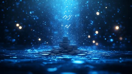 Digital Stack of Coins in Blue Light, A stack of coins illuminated by a blue digital background with glowing lights