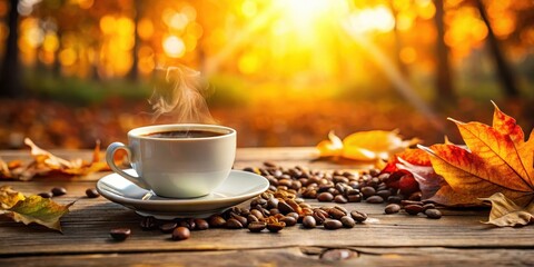 Wall Mural - Cozy cup of coffee on a wooden table surrounded by vibrant autumn leaves and scattered coffee beans in warm, golden light