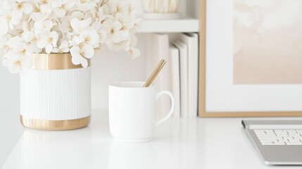 White desk with a vase of white flowers on the left side and a laptop on the right side. the vase is made of white ceramic with a gold rim and has a handle on top.