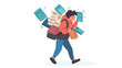 © LIHONG,YU - The illustration depicts a stylized cartoon figure, possibly a student or young professional, walking while carrying a heavy backpack and numerous documents and digital devices floating