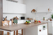 © Pixel-Shot - Table with products and empty poster on shelf in kitchen