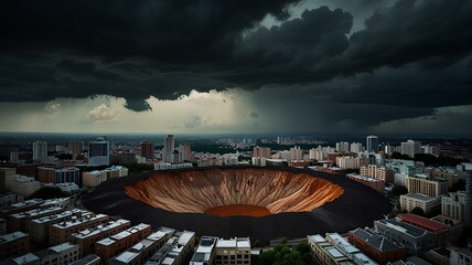 Wall Mural - a deep large crater hole in the middle of a city. dark cloudy sky.