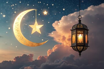 Wall Mural - celestial serenity: a dreamlike crescent moon and sparkling stars illuminating the night sky, perfec