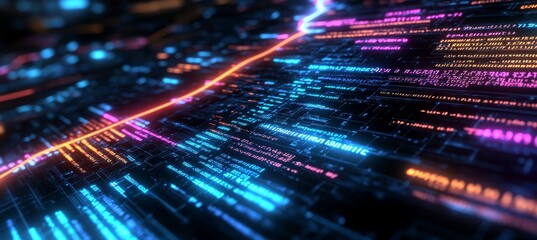abstract, vibrant a futuristic representation of data flow. code in motion on geometric.