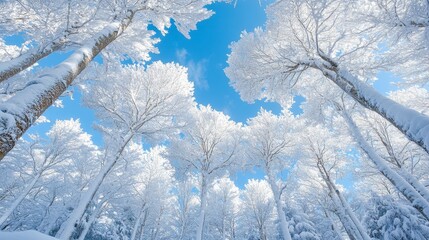 Wall Mural - Winter Wonderland View Up Through Snow Covered Branches With Blue Sky, Circular Frame