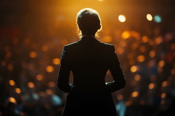 Female Politician Giving Back View Speech on Stage to Hundreds of Spectators