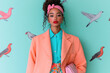 © Papukos - Fashion model posing with colorful birds wallpaper and pink handbag