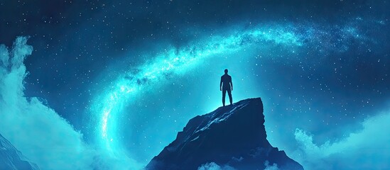 Wall Mural - Majestic landscape with a silhouetted figure standing on a rocky outcrop under a swirling blue nebula in a starry night sky.