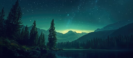 Wall Mural - Starry night landscape with soft green and blue hues, mountains in the background, pine trees framing the lake, serene atmosphere.
