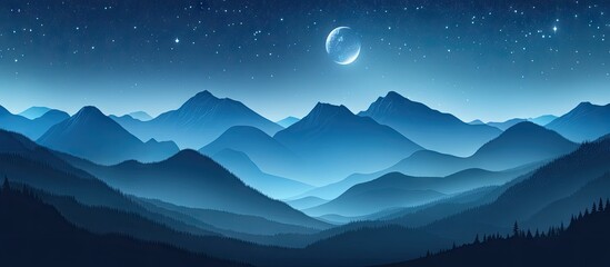 Wall Mural - Starry night sky over tranquil mountains in deep blue tones with soft silhouettes of peaks and gentle moonlight illuminating the landscape.