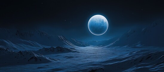 Wall Mural - Vibrant blue moon casts a soft glow over serene dark mountain landscape with gentle waves reflecting its light in the tranquil night sky